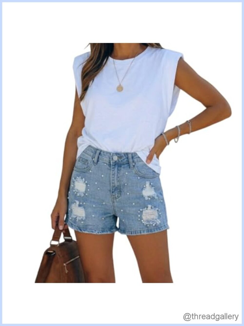 High Waisted Distressed Denim Shorts with Pearl Embellished Raw Frayed Hem